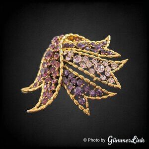 Vintage Wavy Purple Rhinestone Leaf Ribbon Gold Tone Brooch Pin